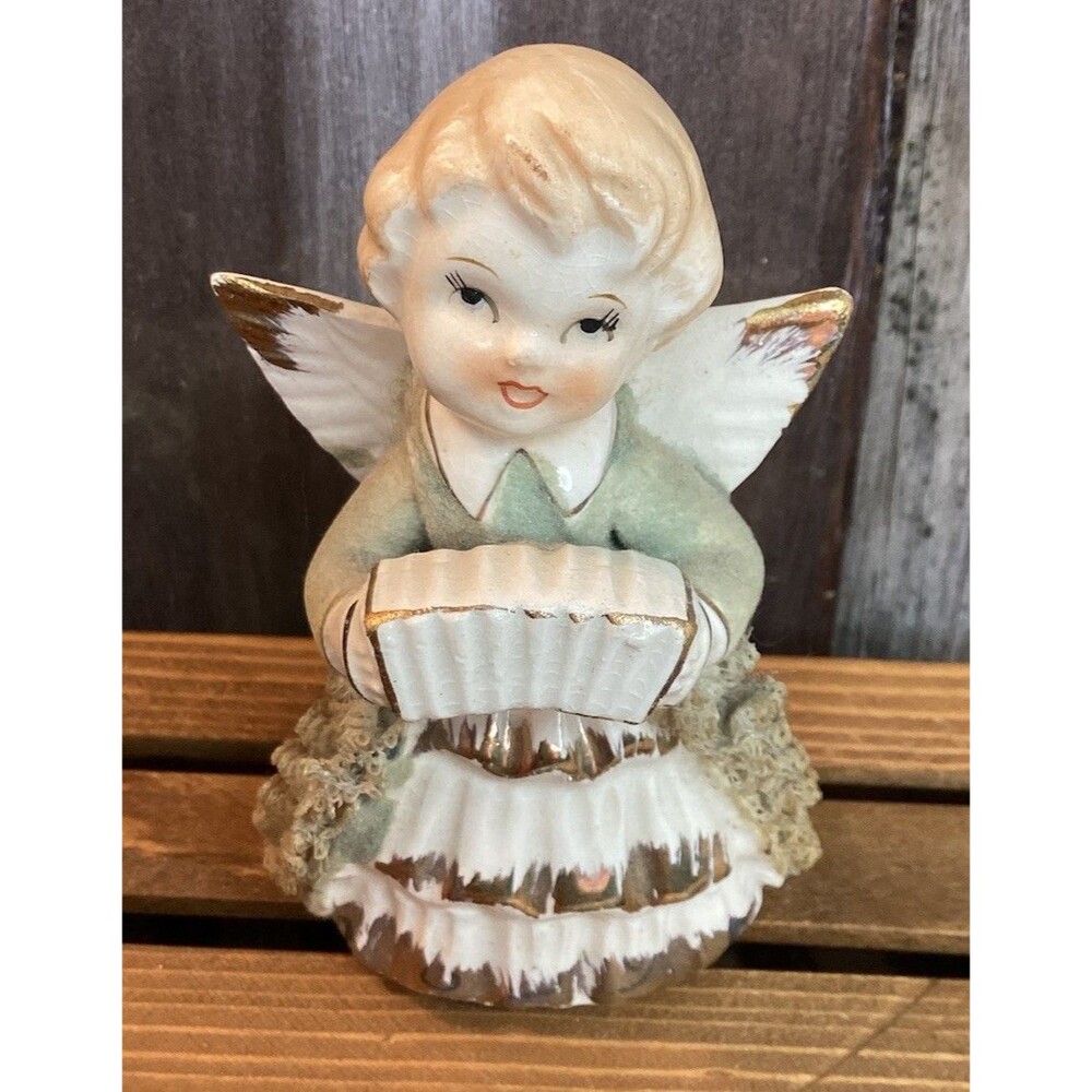 Vintage Spaghetti Angel Figurine Playing Accordion Flocked Lace Dress Japan
